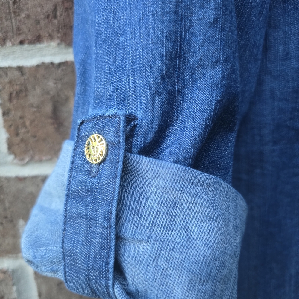 Anne Klein Indigo Chambray Look Shirt Dress Size 14 Half Zip Roll Tab Sleeves - Picture 3 of 10